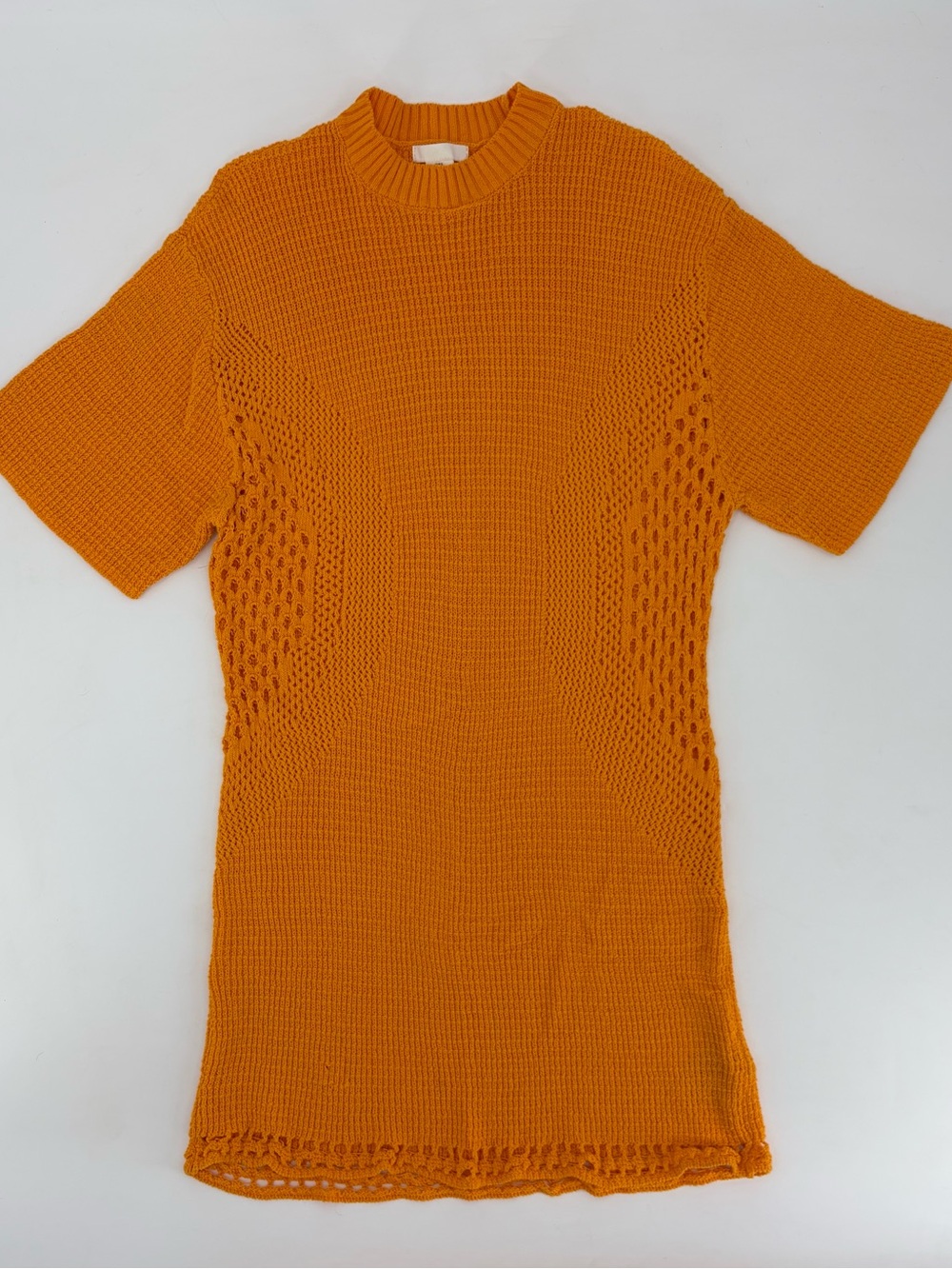 100 Cotton Open Knit Sweater Loose Fit Midi Dress Orange Short Sleeve Vacation